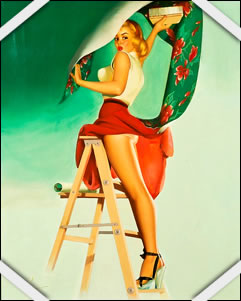 Edward RUNCI Pin-up sur un escabeau (huile sur toile)